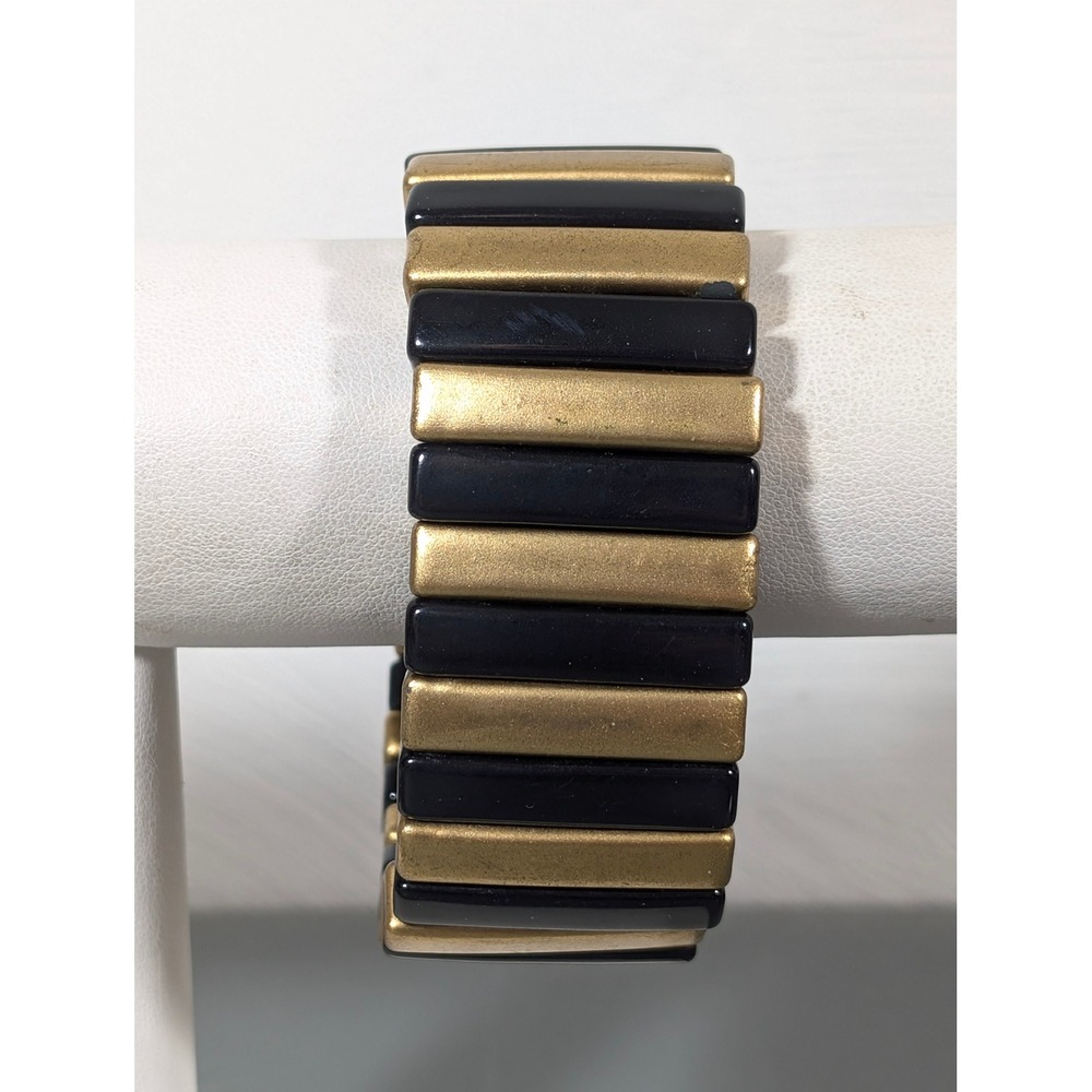 Vintage Black Gold Tone Acrylic Wide Panel Stretch Bracelet 7 in Retro Mod